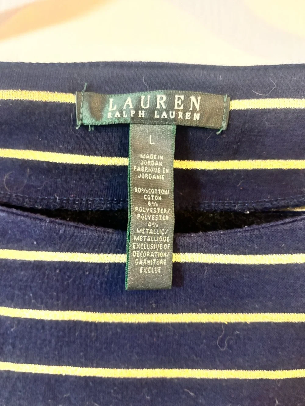 Lauren Ralph Lauren Top LBlue Gold Metallic Striped Boatneck 3/4 Sleeve W/ Logo - Picture 3 of 4